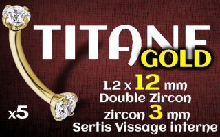 Banane 1.2 x 12 -Titane Dore - zircon serti 3 mm - vissage interne