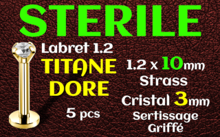 labret 1.2 x 10 -Titane Dore STERILE- zircon serti 3 mm - vissage interne