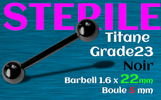Barbell Titane Noir STERILE 1.6 x 22 - boules 5 mm