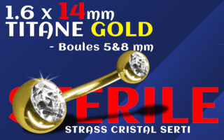 Banane titane Dore 1.6 x 4 - boule 5 et 8 mm - doube zircon sertis- STERILE