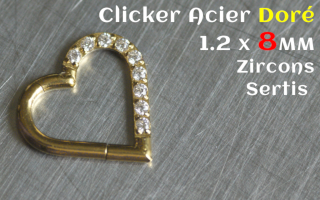 Clicker Acier Dore 1.2 x 8 - coeur -zircon sertis