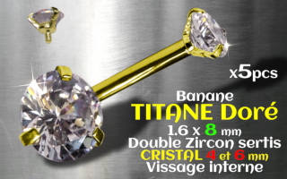 Banane Titane Dore 1.6 x 8 - Zircon cristal 4 et 6 mm sertis - vissage interne
