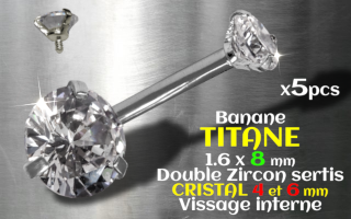Banane Titane 1.6 x 8 - Zircon cristal 4 et 6 mm sertis - vissage interne