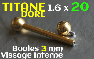 Barbell Titane Dore 1.6 x 20 - Boules 3 mm - vissage interne