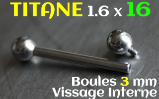 Barbell Titane 1.6 x 16 - Boules 3 mm - vissage interne