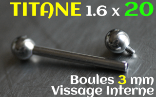 Barbell Titane 1.6 x 20 - Boules 3 mm - vissage interne