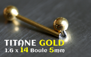 Barbell Titane Dore 1.6 x 14 - Boules 5 mm - vissage interne