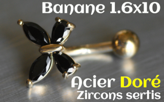Bananes Acier 1.6 x 10 - Acier Doré - zircon sertis