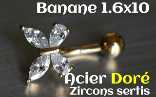 Bananes Acier 1.6 x 10 - Acier Doré - zircon sertis