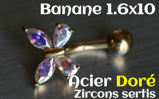 Bananes Acier 1.6 x 10 - Acier Doré - zircon sertis