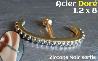1.2 x 8 - Acier Doré- zircons sertis noir