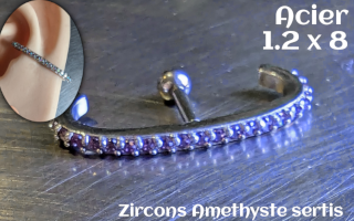 1.2 x 8 - Acier- zircons sertis amethyste