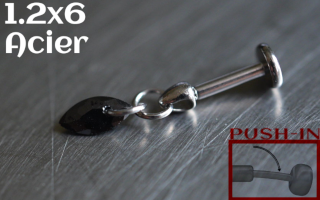 Labret Push-in 1.2x6 Acier - zircon marquise noir