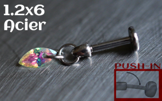 Labret Push-in 1.2x6 Acier - zircon marquise irise