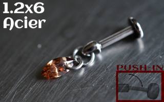 Labret Push-in 1.2x6 Acier - zircon marquise ambre