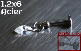Labret Push-in 1.2x6 Acier - zircon marquise cristal