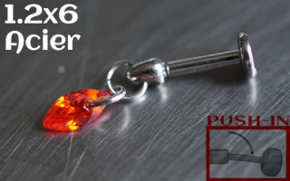 Labret Push-in 1.2x6 Acier - zircon marquise ruby