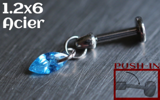 Labret Push-in 1.2x6 Acier - zircon marquise aqua