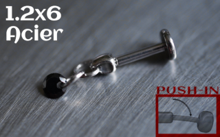 Labret Push-in 1.2x6 Acier - zircon Noir