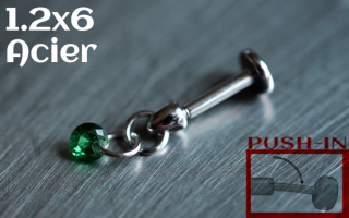 Labret Push-in 1.2x6 Acier - zircon Emeraude