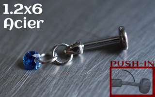 Labret Push-in 1.2x6 Acier - zircon Saphir