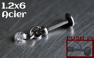 Labret Push-in 1.2x6 Acier - zircon Cristal
