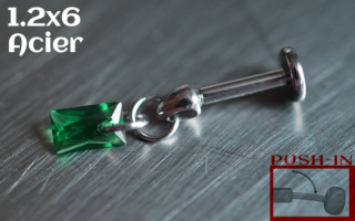 Labret Push-in 1.2x6 Acier - zircon emeraude