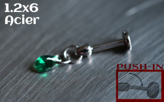 Labret Push-in 1.2x6 Acier - zircon emeraude