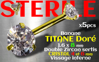Bananes 1.6 x 8 vissage interne - zircons sertis 4 et 6 mm TITANE Dore STERILE