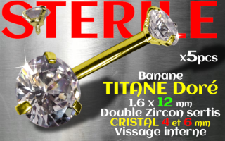 Bananes 1.6 x 12 vissage interne - zircons sertis 4 et 6 mm TITANE Dore STERILE