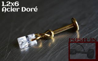 Labret Push-in 1.2x6 Acier Dore - zircon cristal