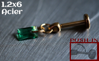 Labret Push-in 1.2x6 Acier Dore - zircon emeraude