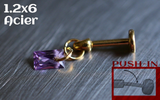 Labret Push-in 1.2x6 Acier Dore - zircon amethyste