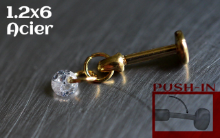 Labret Push-in 1.2x6 Acier Dore - zircon cristal