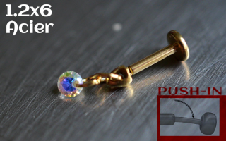 Labret Push-in 1.2x6 Acier Dore - zircon irise