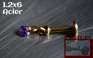 Labret Push-in 1.2x6 Acier Dore - zircon amethyste