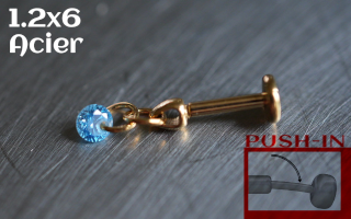 Labret Push-in 1.2x6 Acier Dore - zircon aqua