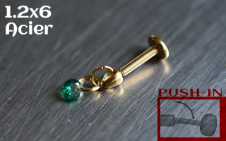 Labret Push-in 1.2x6 Acier Dore - zircon emeraude