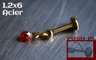Labret Push-in 1.2x6 Acier Dore - zircon ruby
