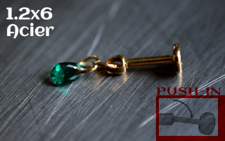 Labret Push-in 1.2x6 Acier Dore - zircon emeraude