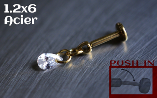 Labret Push-in 1.2x6 Acier Dore - zircon cristal
