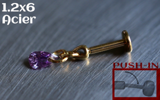 Labret Push-in 1.2x6 Acier Dore - zircon amethyste