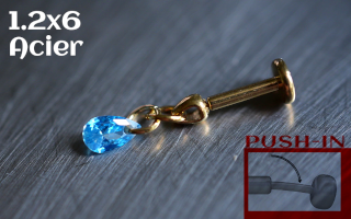 Labret Push-in 1.2x6 Acier Dore - zircon aqua