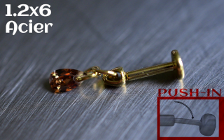 Labret Push-in 1.2x6 Acier Dore - zircon ambre