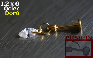 Labret Push-in 1.2x6 Acier Dore - zircon cristal