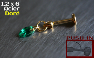 Labret Push-in 1.2x6 Acier Dore - zircon emeraude
