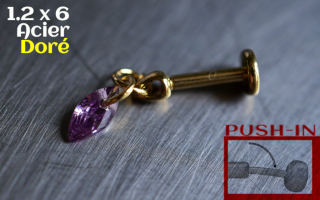Labret Push-in 1.2x6 Acier Dore - zircon amethyste