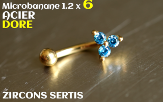 Banane 1.2 x 6 - Acier dore - zircons sertis aiguemarine