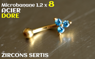 Banane 1.2 x 6 - Acier dore - zircons sertis aiguemarine
