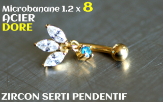Banane 1.2 x 8 - Acier dore - zircons sertis aiguemarine pendentif